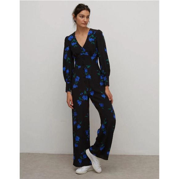 Nobody's Child Pants - Nobody's Child Button Front Tea Jumpsuit Black Blue Floral Viscose Women's US 12